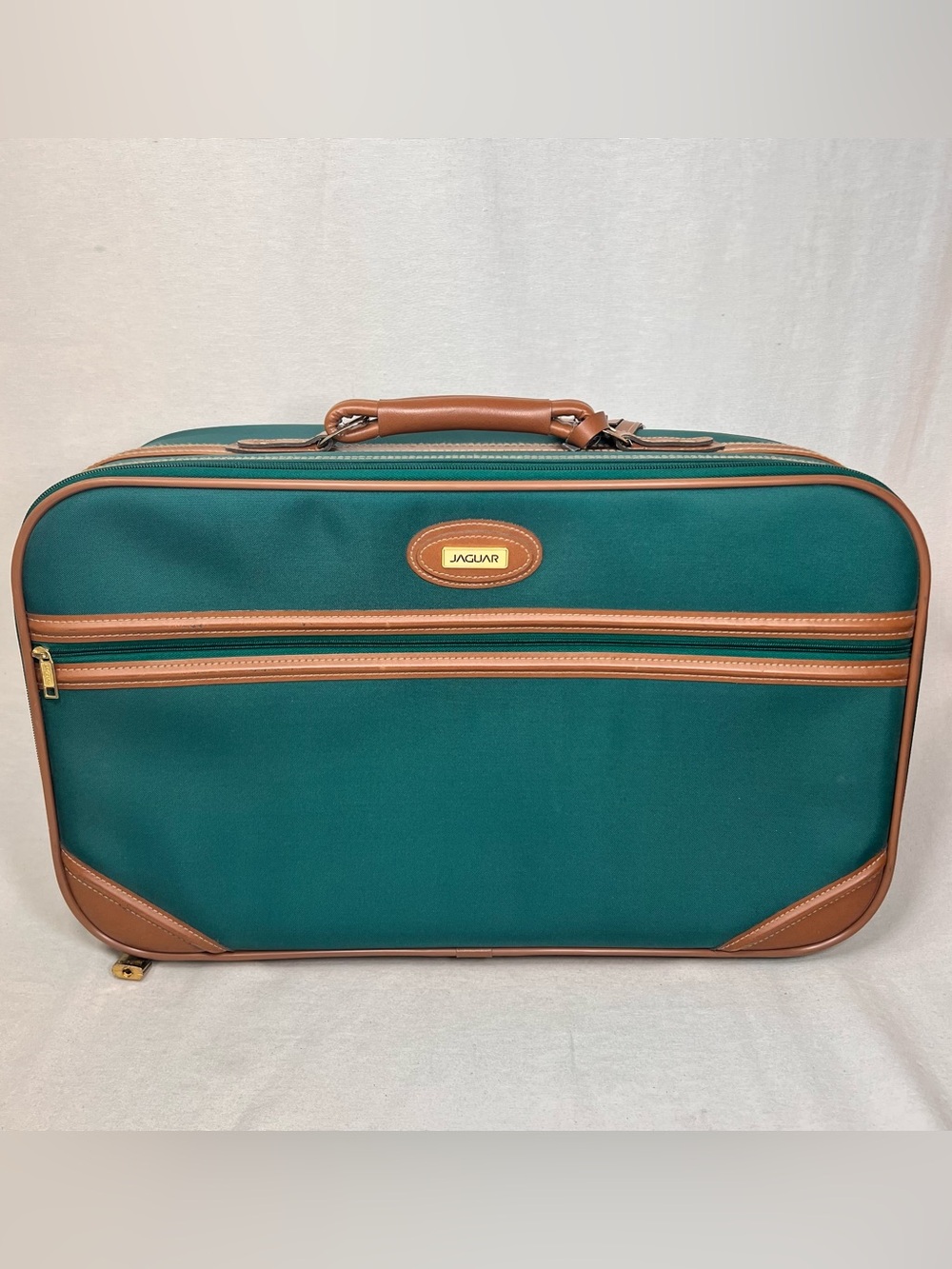Vintage Jaguar GREEN Nylon / BROWN Leather Travel Bag Luggage Suit Case Carry On